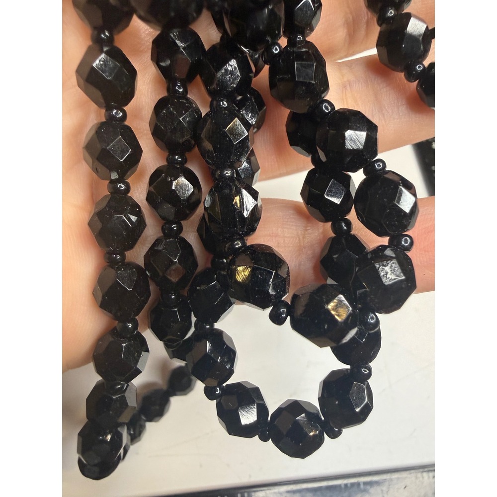 Faceted Black Glass Bead Long Opera Length Necklace Lobster Clasp 30 Inch